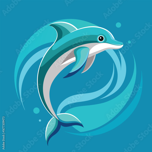 Turquoise Dolphin Leaping in Blue Water with Swirling Waves jumping ocean