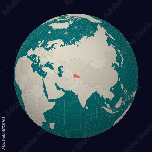 Tajikistan on the map. Globe centered to Tajikistan. Country location on the world map. Teal Pale Mint color palette. Globe with countries, meridians and parallels. Creative vector illustration.