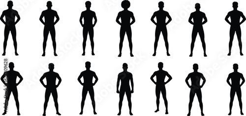 Male silhouette standing, strong posture, confident man, body outline, human figure, fitness concept, muscular shape, vector design, illustration