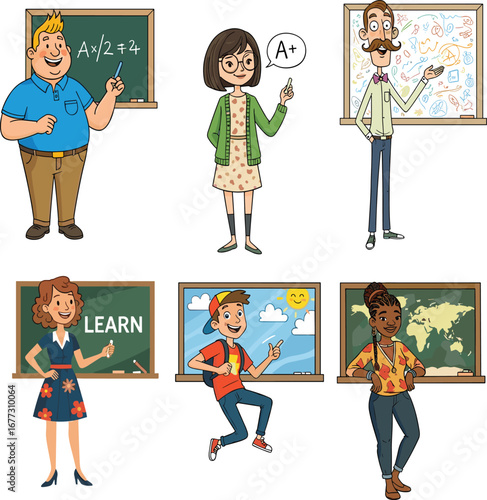 Cartoon teachers and students, classroom characters, educational vector set, school theme, learning, chalkboard, math, geography, A+ sign, illustration