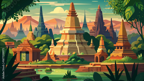 The Historic City of Ayutthaya in Thailand presents crumbling brick stupas and towering prangs, dramatically rising above lush greenery, narrating tales of grandeur and resilience of this once-thrivin