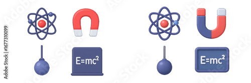 Physics and science concepts with atom, magnet, and E=mc? symbols. Modern 3D Icon Set