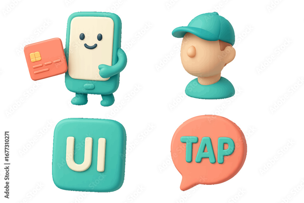 Fototapeta premium Friendly 3D characters with credit card and speech bubble for mobile payment. Modern 3D Icon Set