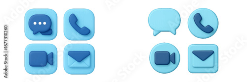 Communication icons: chat bubble, phone, video camera, envelope. Modern 3D Icon Set