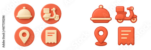 Food Delivery Icons: Dish, Scooter, Map Pin, Receipt. Modern 3D Icon Set