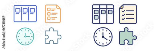 Kanban board, checklist, clock, puzzle pieces icons for project management. Modern 3D Icon Set