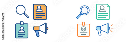 Business Icons: Magnifying Glass, Resume, ID Badge, Megaphone. Modern 3D Icon Set