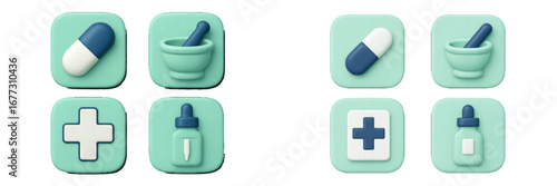 Medical icons: pill, mortar and pestle, cross, dropper. Modern 3D Icon Set