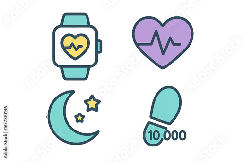 Health and Fitness Tracking Icons: Smartwatch, Heartbeat, Sleep, Steps. Modern 3D Icon Set