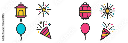 Festive Celebration Icons: Lanterns, Balloons, Fireworks, Party Poppers. Modern 3D Icon Set
