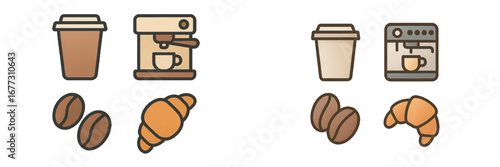 Coffee and Croissant Icons with Espresso Machine and Beans. Modern 3D Icon Set