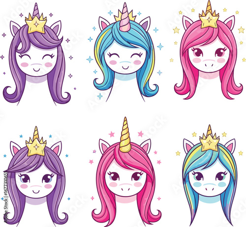 Cartoon unicorn faces, colorful fantasy illustration, cute magical creatures, whimsical design, kids art, rainbow hair, horned animals, dreamy characters