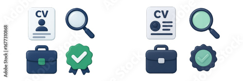 Business icons for CV, resume, search, and approval. Modern 3D Icon Set