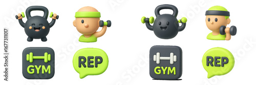 Cartoon characters lifting weights with gym icons and speech bubbles. Modern 3D Icon Set