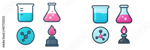 Chemistry lab equipment icons: beakers, flasks, molecule model, burner. Modern 3D Icon Set