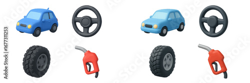 Blue car, steering wheel, tire, and fuel nozzle collection. Modern 3D Icon Set