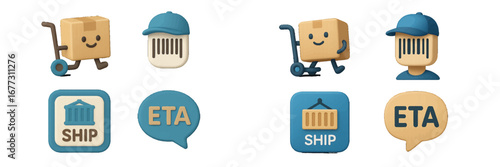 Happy package on trolley with barcode and shipping icons. Modern 3D Icon Set