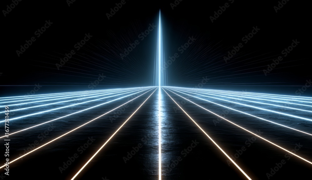 Obraz premium Long, thin, blue light is the focal point of this image. The light is surrounded by a series of black lines