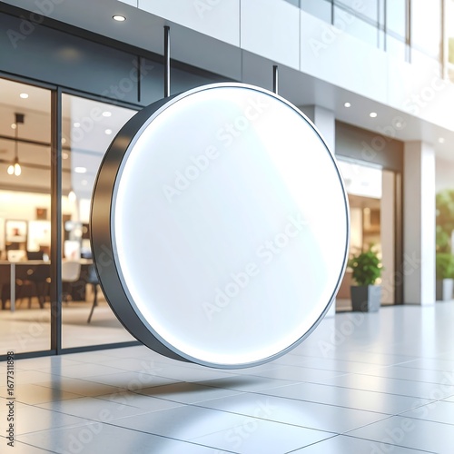 Blank circular sign hanging in modern mall