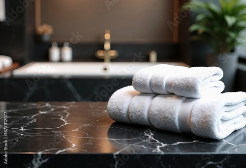 Empty marble table top on blurred minimalistic luxury bathroom at apartment, white day light, clean cozy colors. Place for product display, showing products, side view