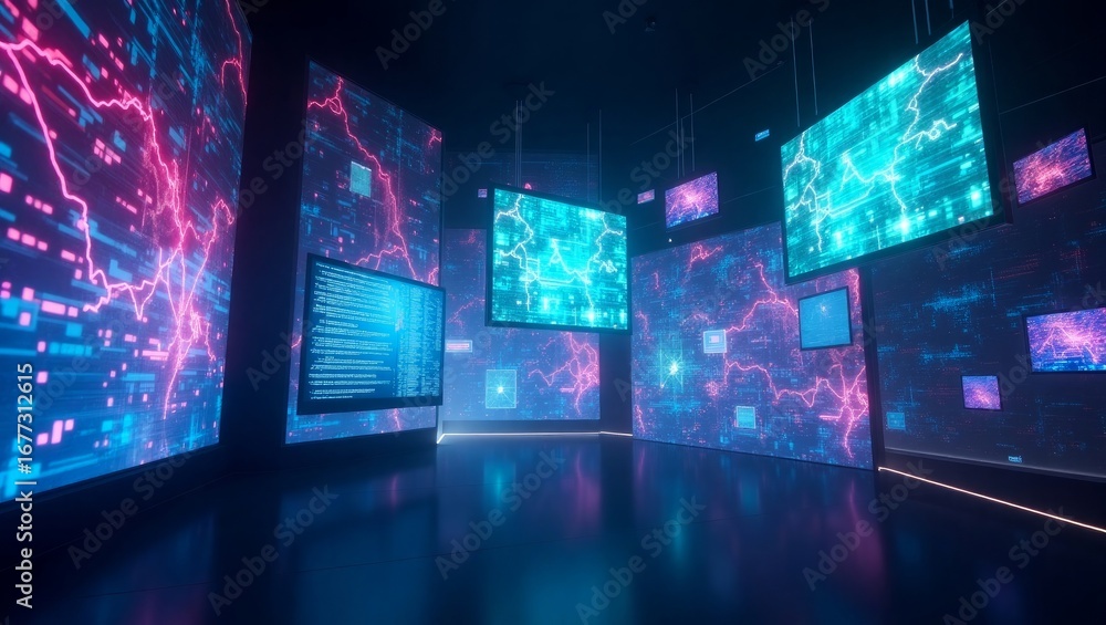 Fototapeta premium Neon Pink Blue Digital Data Screens Network monitors