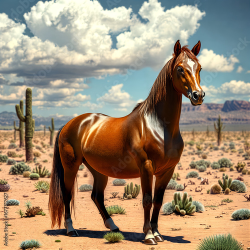 Horse in the desert with cactuses on a cloudy day