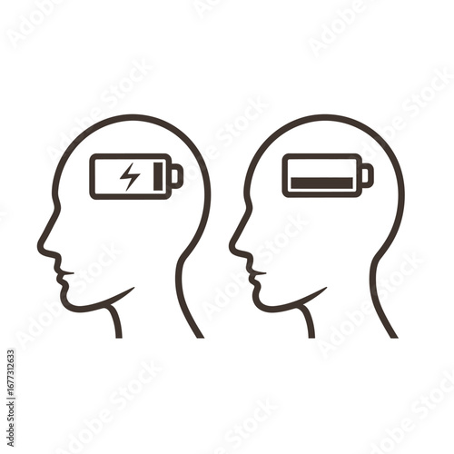 Visual representation of human mental energy states, illustrating the stark contrast between a fully charged, active brain and one experiencing significant depletion and fatigue