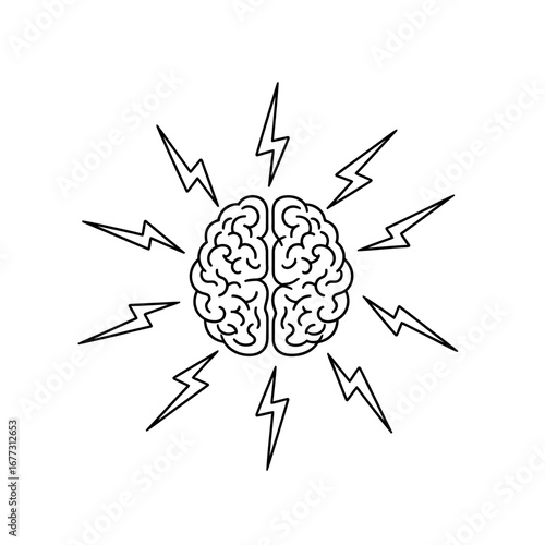 Vector line art of a human brain with radiating lightning, symbolizing a powerful brainstorm, intellectual energy, and innovative thinking