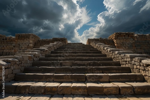 Ancient Stone Steps Leading to Dramatic Storm Clouds