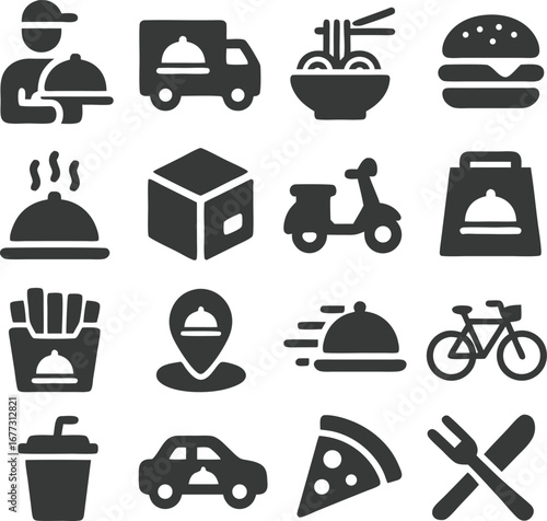 Food delivery icons set collection group. Waiter, truck, burger, noodles, pizza, fries, drink, scooter, car, bicycle, bag, package, plate, service, location, order, box, meal, snack, restaur