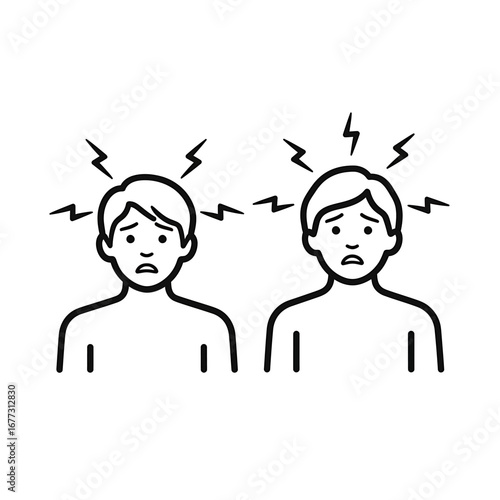 Simple line art illustration of two people experiencing symptoms of a severe headache, migraine, or mental stress and anxiety