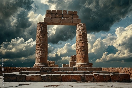 Ancient Stone Arch Ruins Against Dramatic Sunset Sky