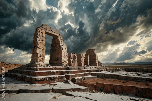 Ancient Stone Arch Ruins Against Dramatic Sunset Sky