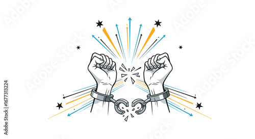 Illustration of hands breaking free from broken handcuffs symbolizing freedom and liberation bursting forth with colorful rays and stars