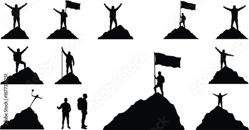 Man standing on mountain peak, victory flag silhouette, successful climber raising arms, achievement motivation concept, business leadership success inspiration