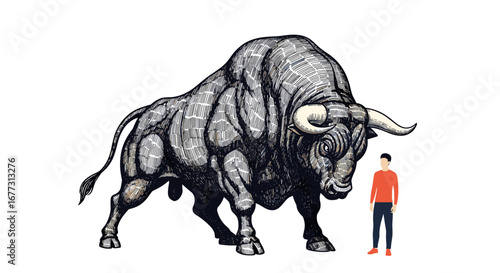 A massive muscular bull standing next to a human demonstrating its enormous size and power