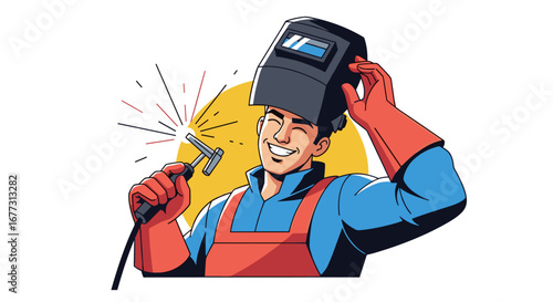 Skilled welder in protective gear performing metalwork with sparks flying around his head