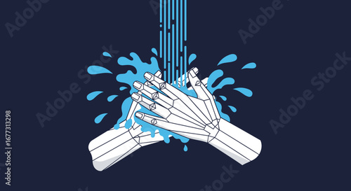 Illustration of skeletal hands being washed with cascading water and splashing liquid against a dark blue background creating a sense of hygiene and cleanliness