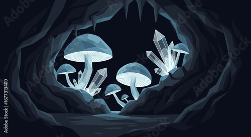 Enchanting crystal cave with bioluminescent fungi and reflective water elements