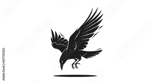 The majestic black raven descends gracefully towards the earth with wings spread wide in an artistic illustration