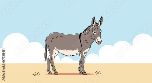 A majestic gray donkey stands proudly in a sunny field under a clear blue sky with fluffy white clouds