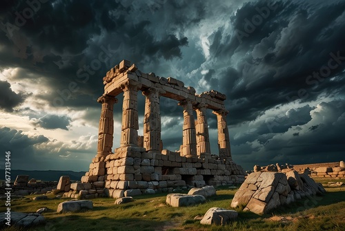Ancient Stone Arch Ruins Against Dramatic Sunset Sky