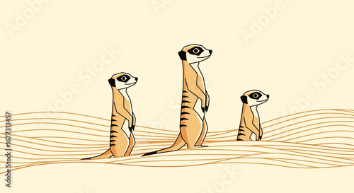 Three meerkats standing guard on a sandy dune under a bright sky
