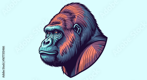 Striking portrait of a majestic silverback gorilla head captured in vivid hues against a serene blue background