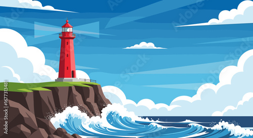 Iconic red lighthouse stands tall on a rugged coastal cliff overlooking crashing ocean waves under a vast blue sky filled with fluffy white clouds