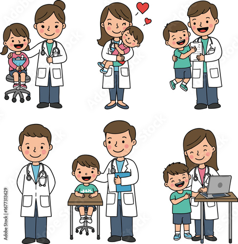 Pediatric doctor cartoon, child healthcare illustration, medical checkup scene, friendly professionals, hospital care, smiling kids, stethoscope, laptop