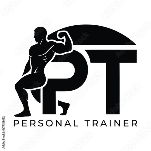 Silhouette of muscular man with pt logo and personal trainer text in black and white design style