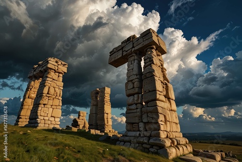 Ancient Stone Arch Ruins Against Dramatic Sunset Sky