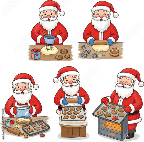 Santa Claus baking Christmas cookies, festive kitchen scenes, holiday vector set, cheerful cartoon clipart for seasonal stock illustration