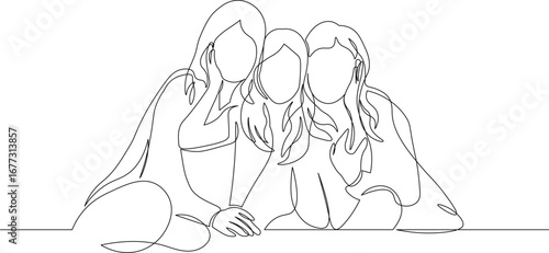 Three Generations Together. Child, Mom, and Grandma in One Line Art Drawing